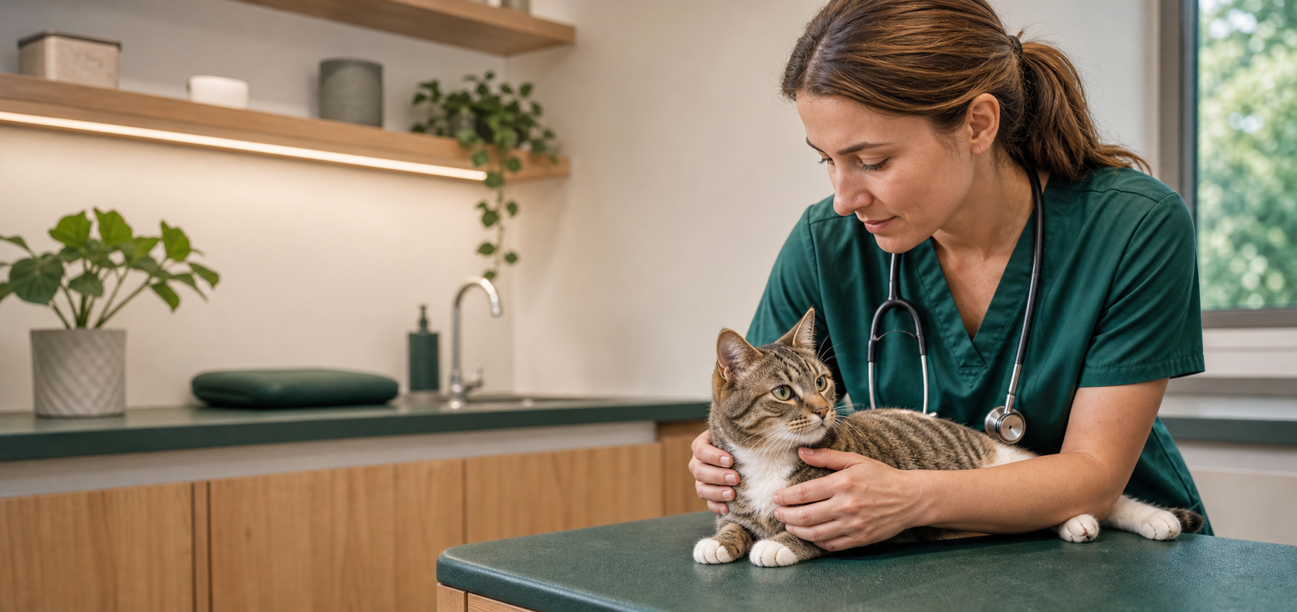 Medic veterinar examinând cu calm o pisică într-un cabinet modern
